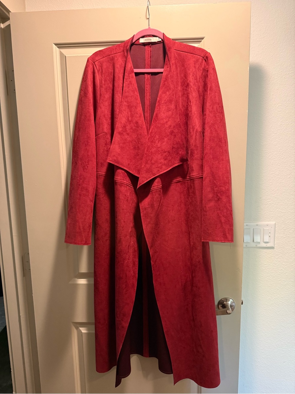 NWOT JustFab XL Burgundy Faux Suede Waterfall Belted Long Coat